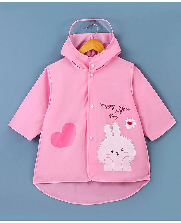 Babyhug Three Forth Sleeves Hooded Raincoat Bunny Print - Pink