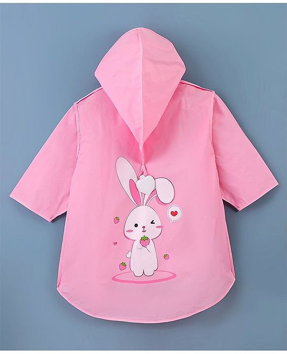 Babyhug Three Forth Sleeves Hooded Raincoat Bunny Print - Pink