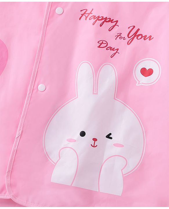 Babyhug Three Forth Sleeves Hooded Raincoat Bunny Print - Pink