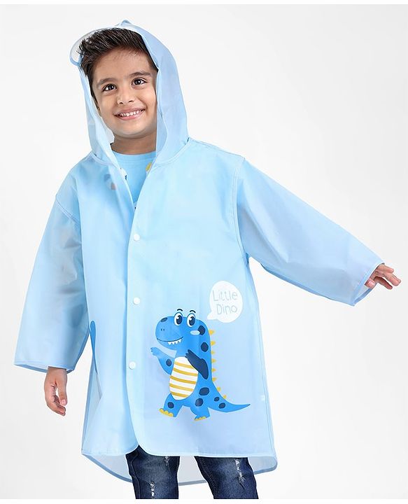 Babyhug Three Forth Sleeves Hooded Raincoat Little Dino Print - Blue