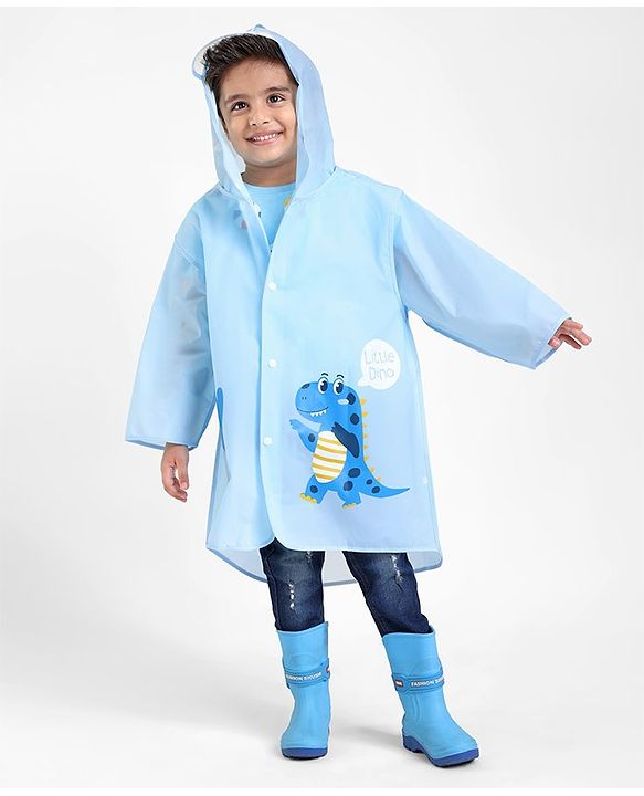 Babyhug Three Forth Sleeves Hooded Raincoat Little Dino Print - Blue