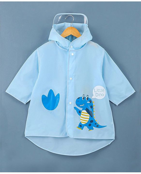 Babyhug Three Forth Sleeves Hooded Raincoat Little Dino Print - Blue