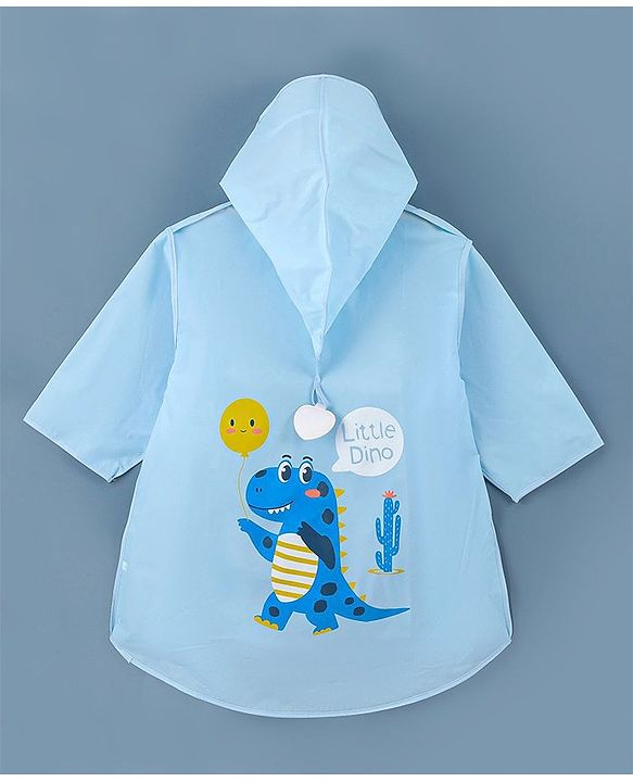 Babyhug Three Forth Sleeves Hooded Raincoat Little Dino Print - Blue