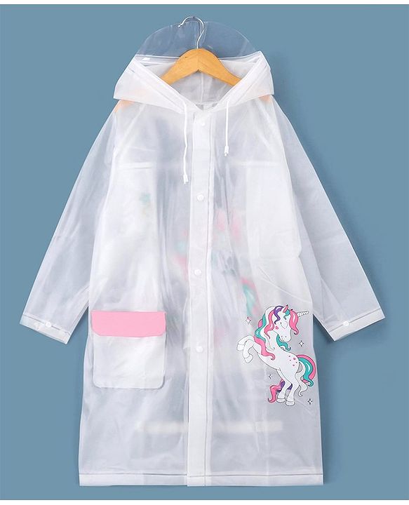 Babyhug Full Sleeves Hooded Raincoat Unicorn Print - White