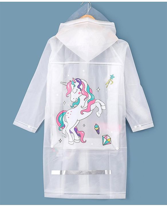 Babyhug Full Sleeves Hooded Raincoat Unicorn Print - White