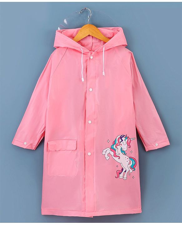 Babyhug Full Sleeves Hooded Raincoat Unicorn Print - Pink