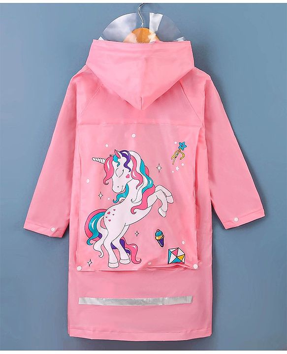 Babyhug Full Sleeves Hooded Raincoat Unicorn Print - Pink