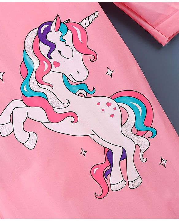 Babyhug Full Sleeves Hooded Raincoat Unicorn Print - Pink