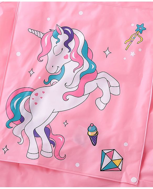 Babyhug Full Sleeves Hooded Raincoat Unicorn Print - Pink