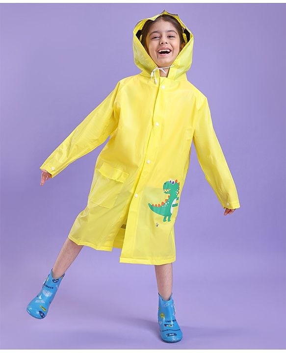 Babyhug Full Sleeves Hooded Raincoat Dino Print - Yellow