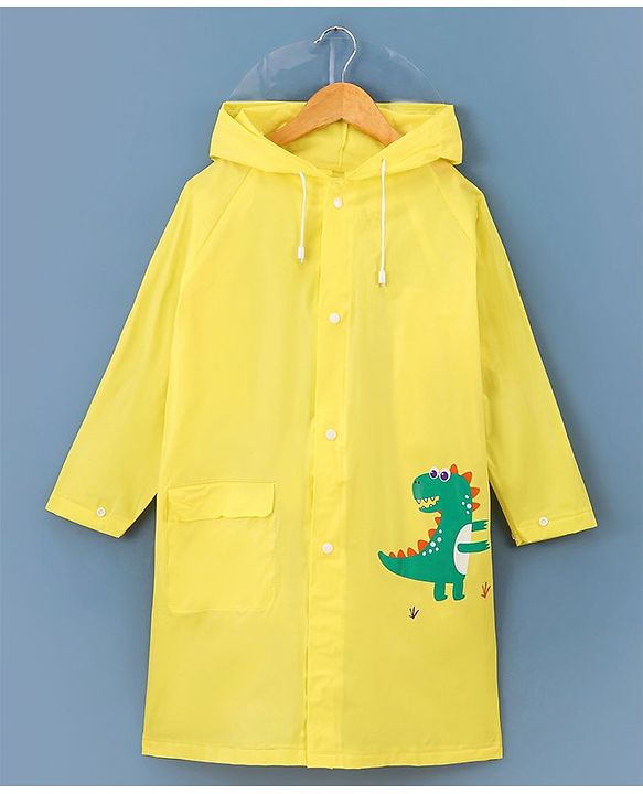 Babyhug Full Sleeves Hooded Raincoat Dino Print - Yellow