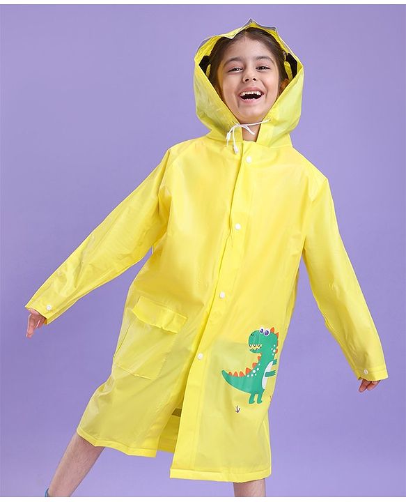Babyhug Full Sleeves Hooded Raincoat Dino Print - Yellow