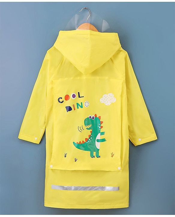 Babyhug Full Sleeves Hooded Raincoat Dino Print - Yellow