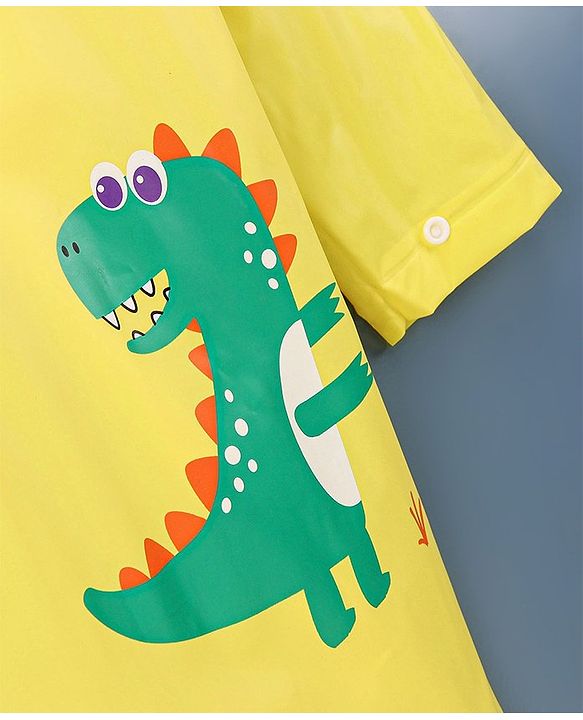 Babyhug Full Sleeves Hooded Raincoat Dino Print - Yellow