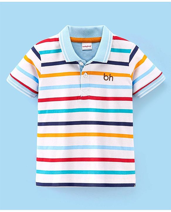 Babyhug Cotton Half Sleeves Striped Polo T-Shirt- White & Blue