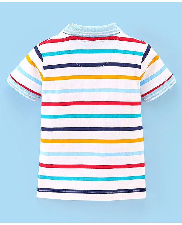 Babyhug Cotton Half Sleeves Striped Polo T-Shirt- White & Blue