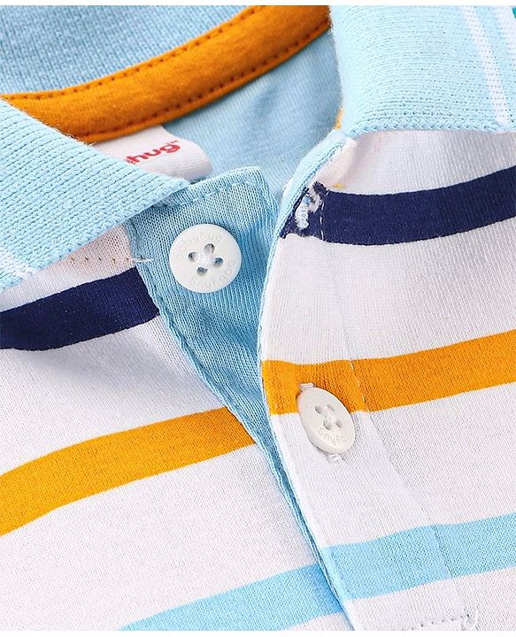 Babyhug Cotton Half Sleeves Striped Polo T-Shirt- White & Blue