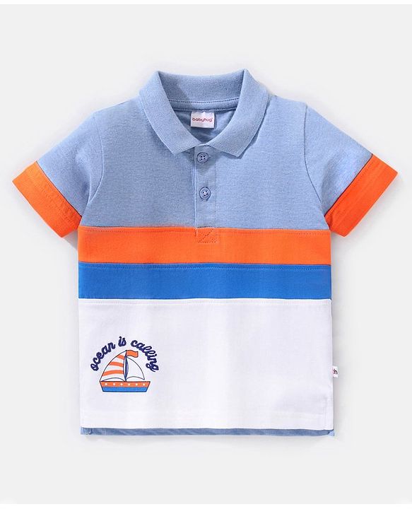 Babyhug Cotton Half Sleeves Cut & Sew T-Shirt Ocean Is Calling Embroidery - Blue & White