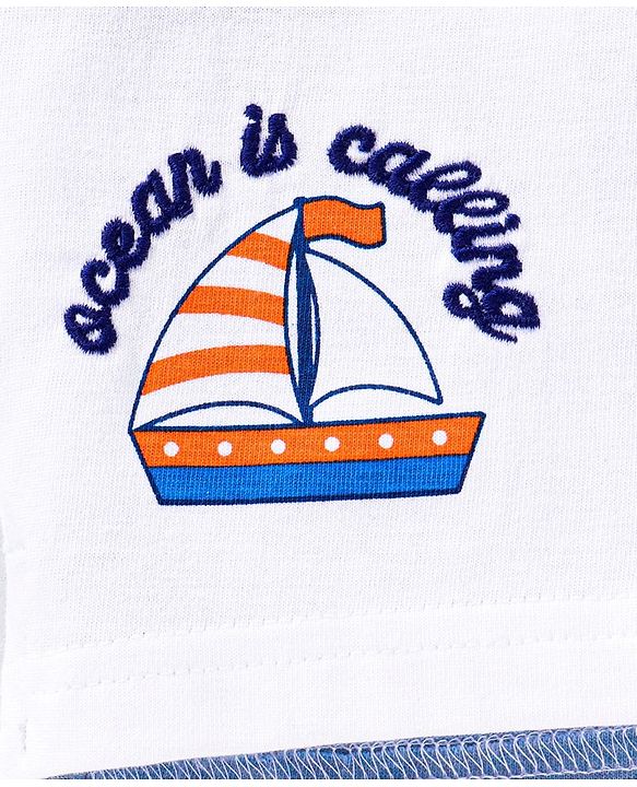 Babyhug Cotton Half Sleeves Cut & Sew T-Shirt Ocean Is Calling Embroidery - Blue & White