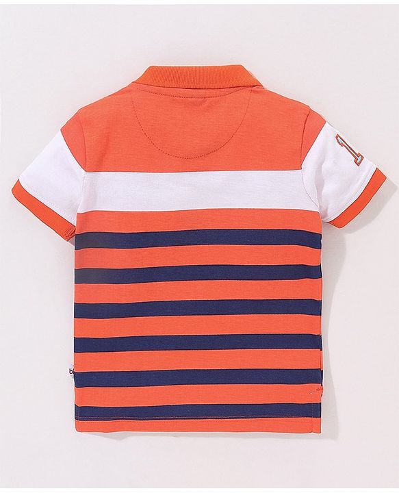 Babyhug Cotton Knit Half Sleeves Polo T-Shirt Stripes  - Navy Orange