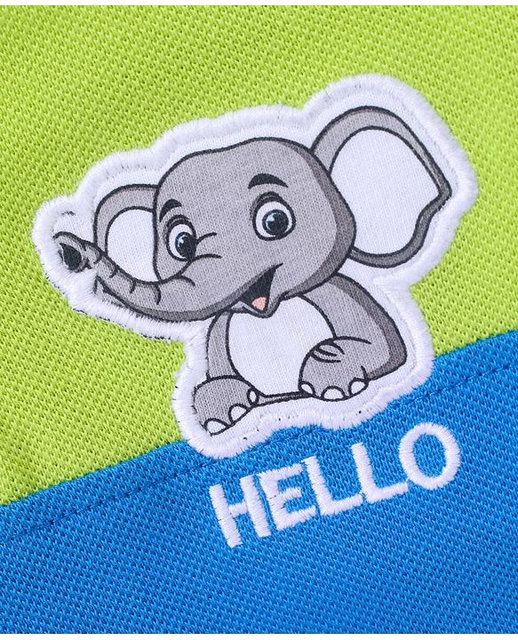 Babyhug Cotton Knit Half Sleeves Colour Block T-Shirt Baby Elephant Applique - Green & Blue