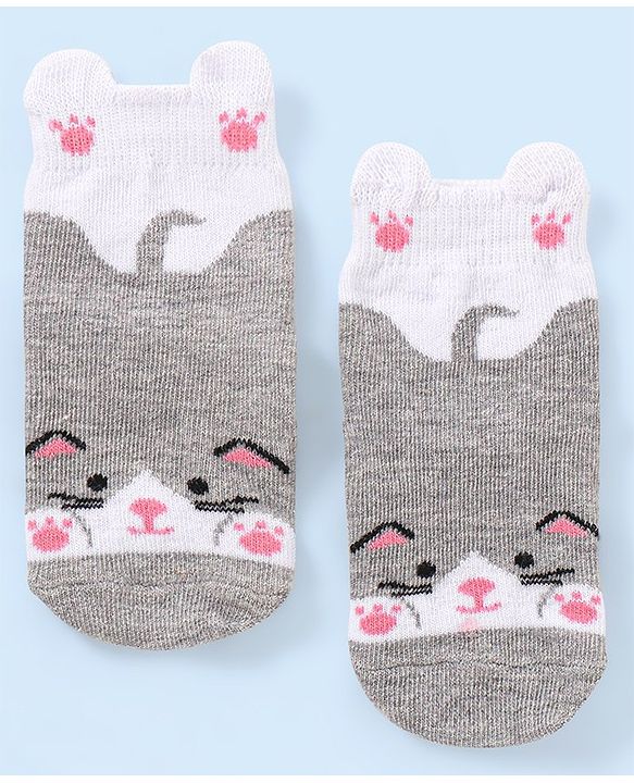 Cutewalk By Babyhug Anti Bacterial Anti Skid Ankle Length Non Terry Socks Kitty Design- Grey