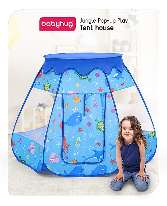 Babyhug Foldable Pop-Up Play Tent House Aquatic Theme - Blue | Ocean-Inspired Portable Play Tent | Encourages Creative Play & Exploration | Lightweight & Safe | BIS Certified