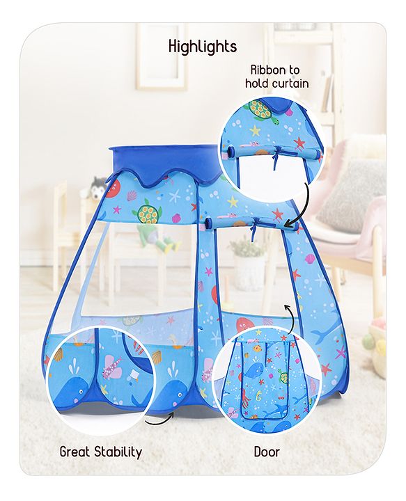 Babyhug Foldable Pop-Up Play Tent House Aquatic Theme - Blue | Ocean-Inspired Portable Play Tent | Encourages Creative Play & Exploration | Lightweight & Safe | BIS Certified