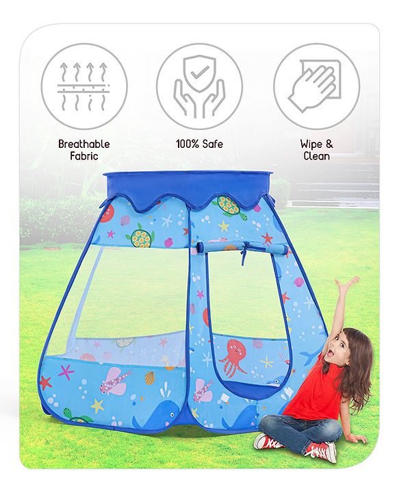 Babyhug Foldable Pop-Up Play Tent House Aquatic Theme - Blue | Ocean-Inspired Portable Play Tent | Encourages Creative Play & Exploration | Lightweight & Safe | BIS Certified