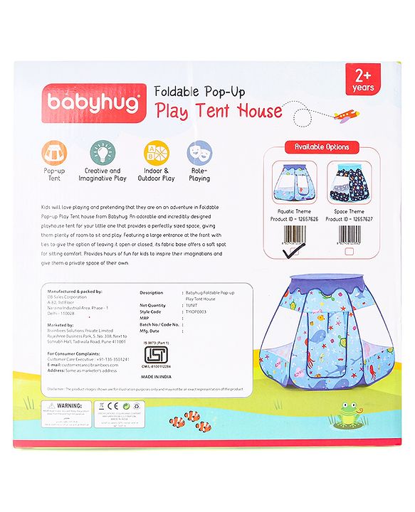 Babyhug Foldable Pop-Up Play Tent House Aquatic Theme - Blue | Ocean-Inspired Portable Play Tent | Encourages Creative Play & Exploration | Lightweight & Safe | BIS Certified