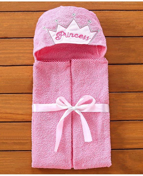 Babyhug Cotton Knit Hooded Towel Princess Embroidery - Pink