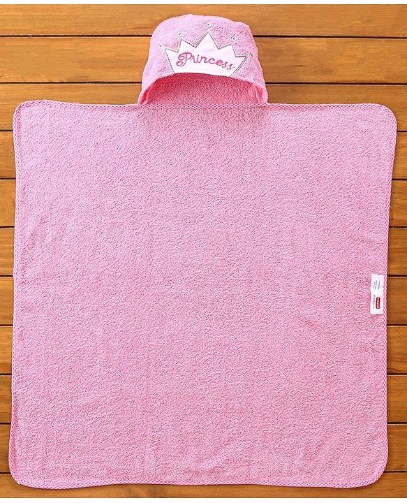 Babyhug Cotton Knit Hooded Towel Princess Embroidery - Pink