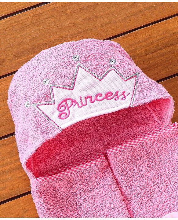 Babyhug Cotton Knit Hooded Towel Princess Embroidery - Pink