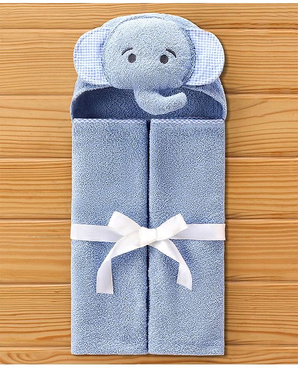 Babyhug Elephant Headed Cotton Knit Hooded Towel - Blue
