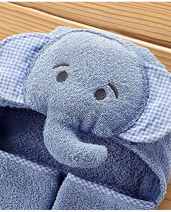 Babyhug Elephant Headed Cotton Knit Hooded Towel - Blue