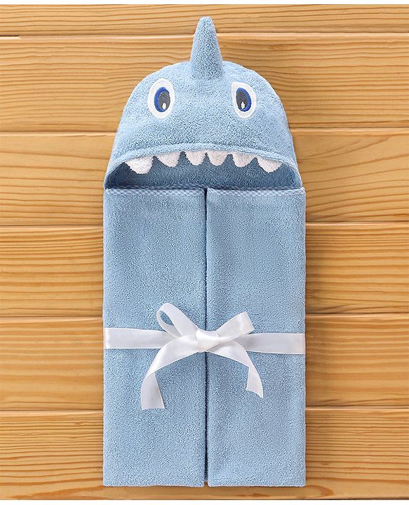 Babyhug Shark Headed Cotton Knit Hooded Towel - Blue