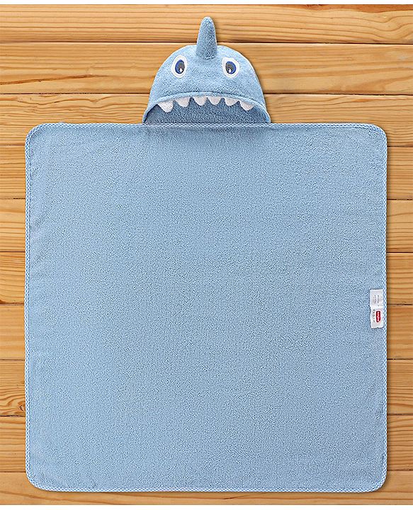 Babyhug Shark Headed Cotton Knit Hooded Towel - Blue