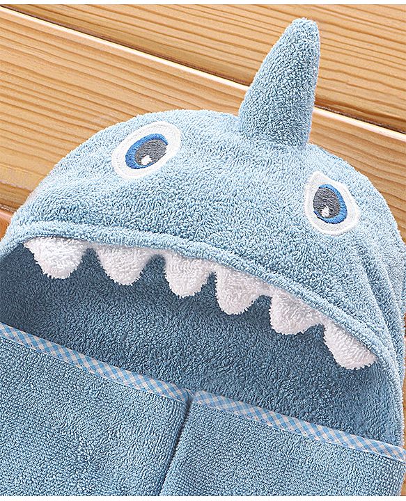 Babyhug Shark Headed Cotton Knit Hooded Towel - Blue