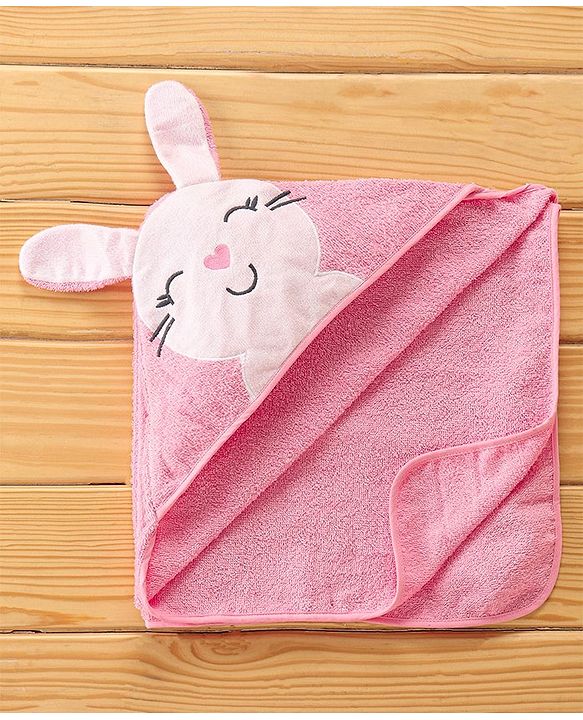 Babyhug Terry Cotton Knit Hooded Towel Bunny Applique - Pink