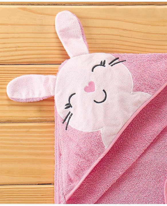 Babyhug Terry Cotton Knit Hooded Towel Bunny Applique - Pink
