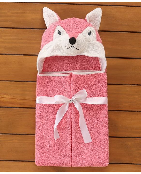 Babyhug Hooded Terry Towel Fox Embroidery - Pink
