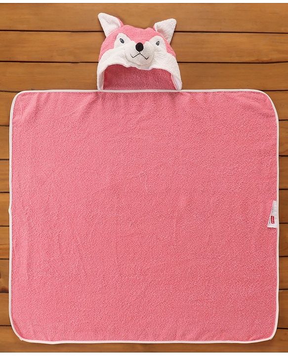 Babyhug Hooded Terry Towel Fox Embroidery - Pink