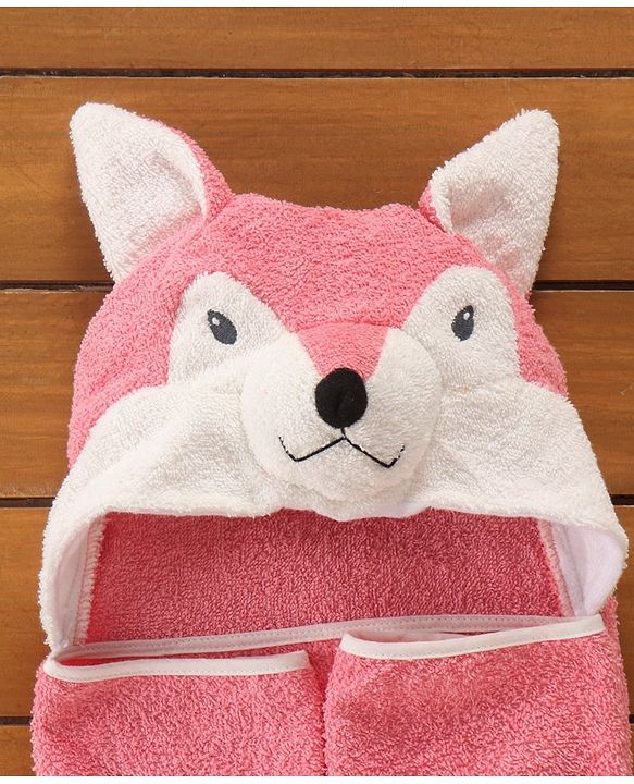 Babyhug Hooded Terry Towel Fox Embroidery - Pink