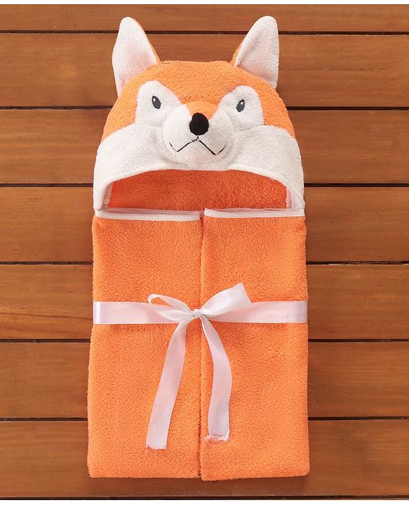 Babyhug Hooded Terry Towel Fox Embroidery - Orange