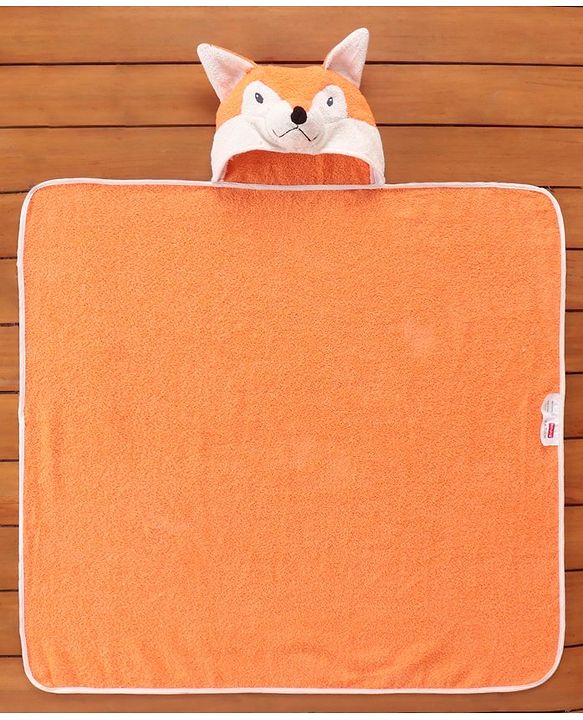 Babyhug Hooded Terry Towel Fox Embroidery - Orange