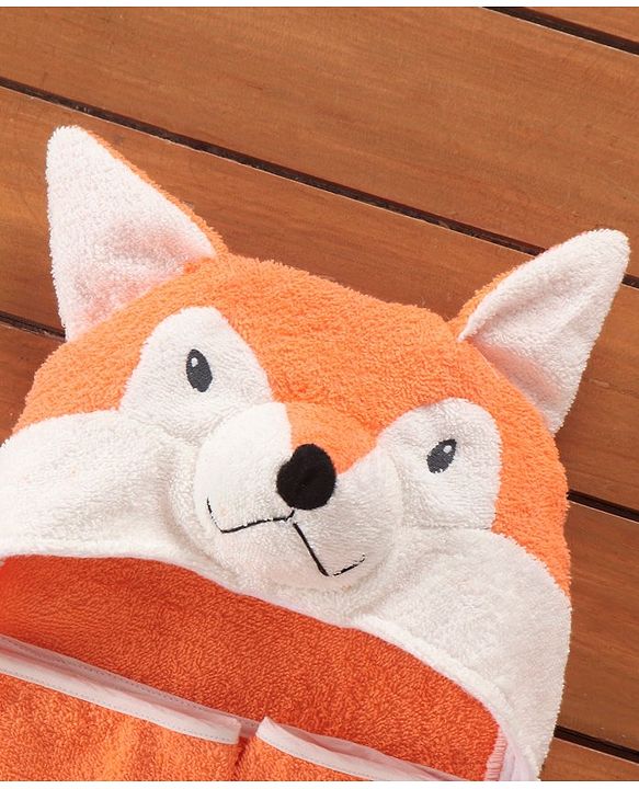 Babyhug Hooded Terry Towel Fox Embroidery - Orange