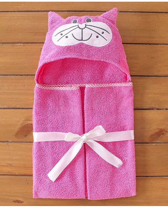 Babyhug Terry  Cat Embroidery Hooded Towel - Pink