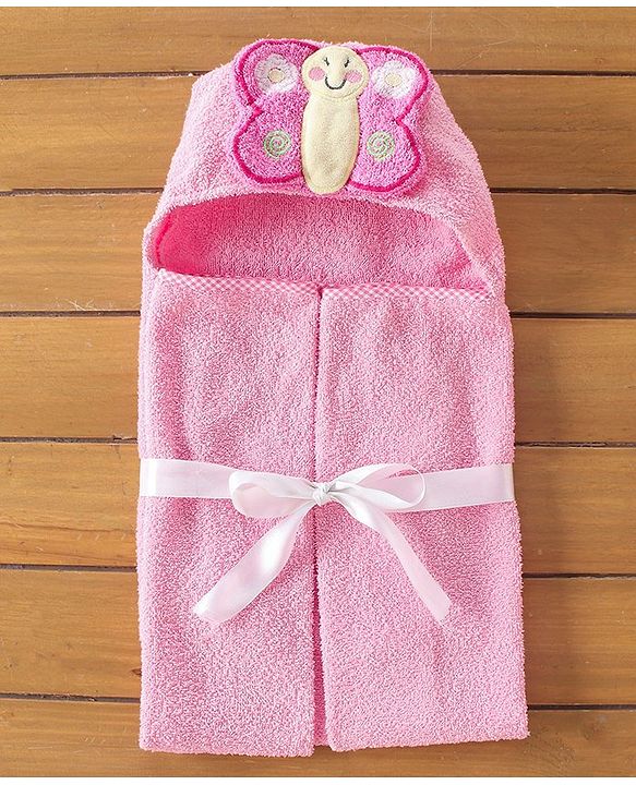 Babyhug Terry Butterfly Embroidery Hooded Towel - Pink