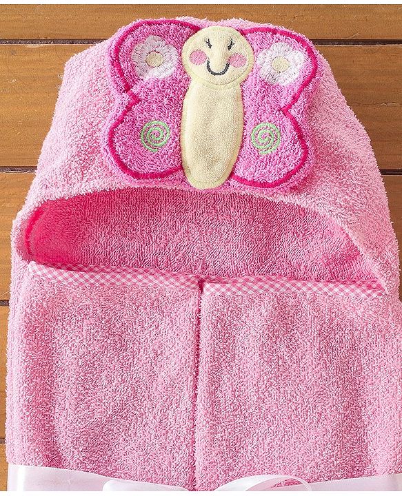 Babyhug Terry Butterfly Embroidery Hooded Towel - Pink