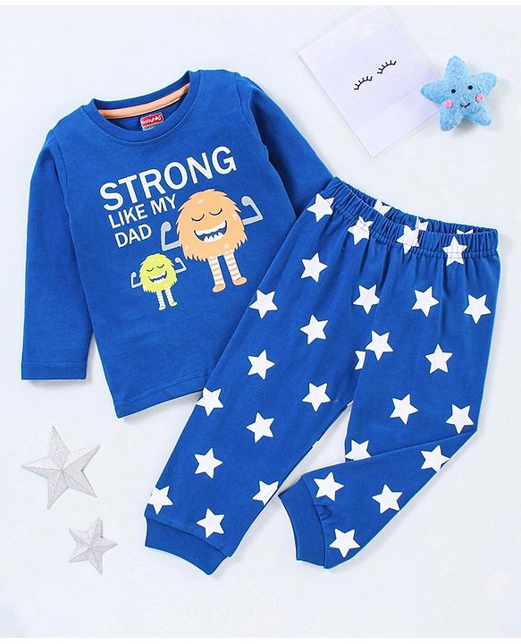 Babyhug Cotton Knit Full Sleeves Night Suit Star Print  - Blue